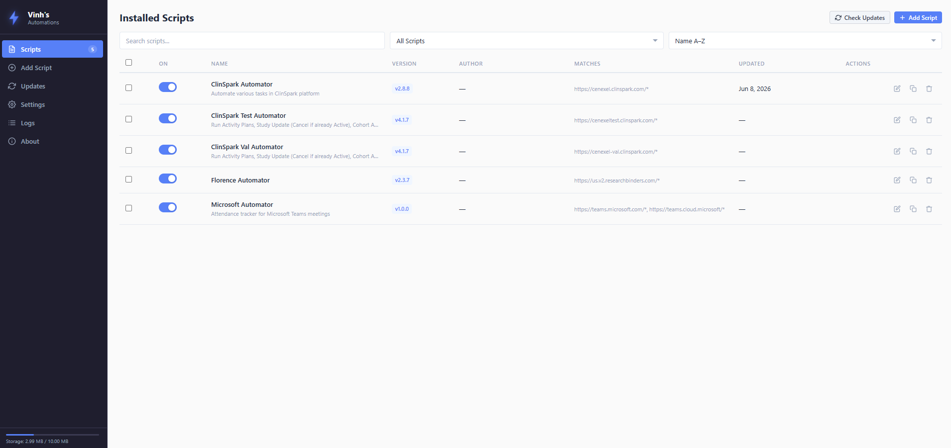 Screenshot of Vinh's Automations extension dashboard showing installed userscripts with toggle switches